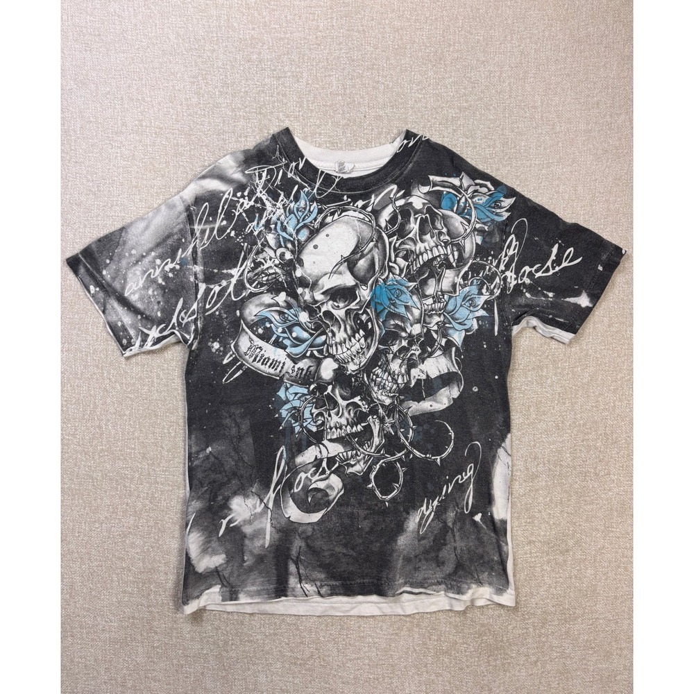 Miami Ink Skull Blue Rose Graphic T-Shirt Mens L Alstyle Tattoo Art Black White